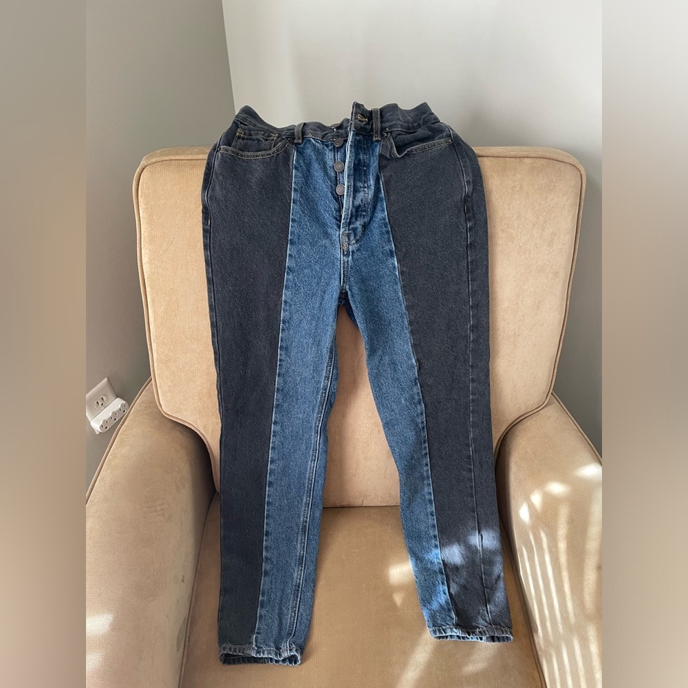 Black and blue denim high rise pants
